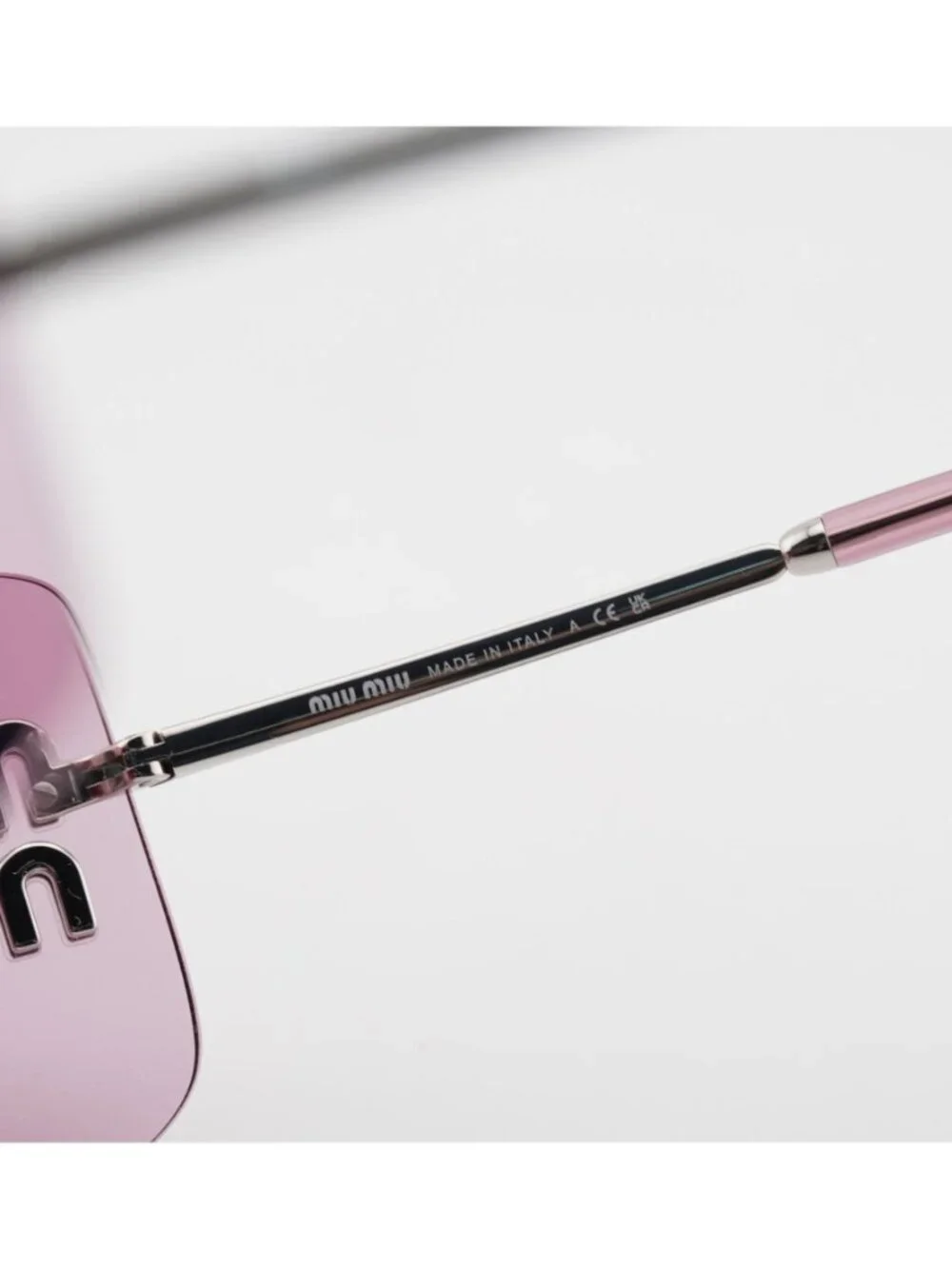 Miu Miu MUB53S 1BC70Y Sunglasses Silver Rimless Shield Frame, Pink Lenses